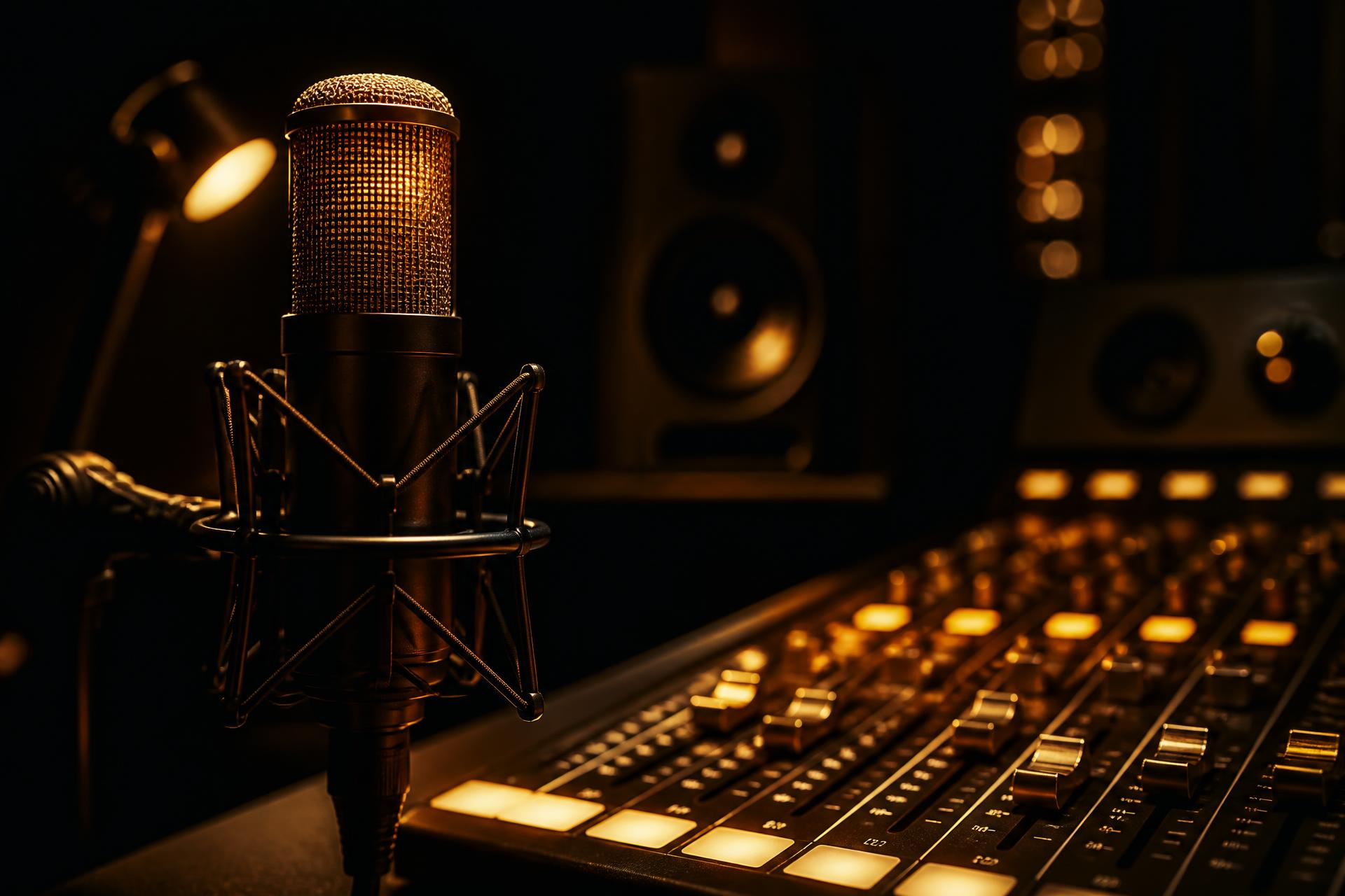 Gold-lit studio microphone beside a mixing console